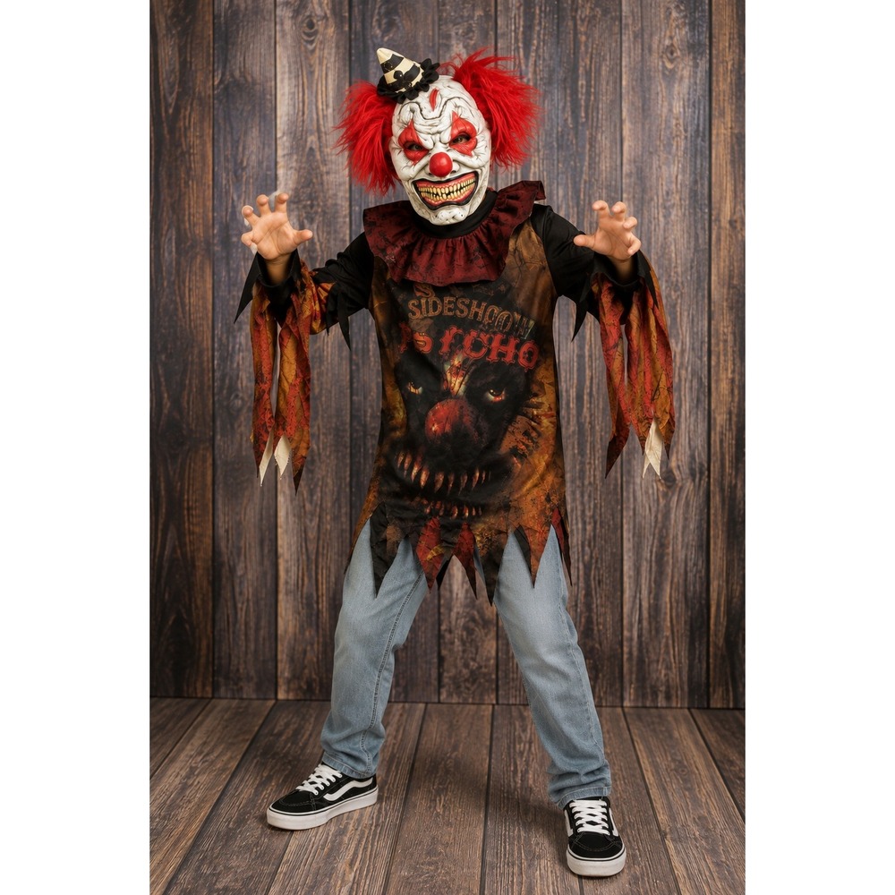 Sideshow Psycho Clown Costume Boys M (8-10) Shirt Mask Halloween Scary - Picture 1 of 13